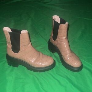 Stuart Weitzman Women's Croc-Embossed Ankle Combat Boots in Tan size 37